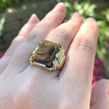 10k Gold Genuine Natural Tiger's Eye Men's Double Warrior Cameo Ring (#J6221)