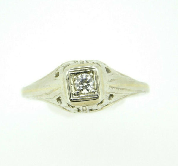 Art Deco 18k White Gold Genuine Natural Diamond Filigree Ring .10ct (#J738)