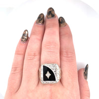 10k White Gold Genuine Natural Black Onyx Men's Ring with Diamonds (#J5829)