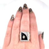 10k White Gold Genuine Natural Black Onyx Men's Ring with Diamonds (#J5829)