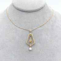 10k Yellow Gold Victorian Diamond and Pearl Lavaliere Pendant Jewelry (#J1092)