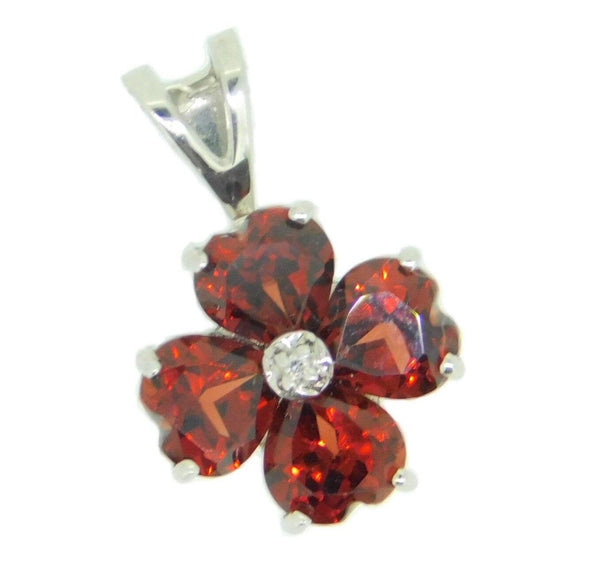 14k White Gold Heart Shaped Genuine Natural Garnet Flower Pendant (#J4187)