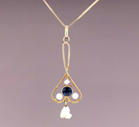 10k Yellow Gold Lavaliere Victorian Pendant with Blue Stone and Pearls (#J4961)
