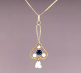 10k Yellow Gold Lavaliere Victorian Pendant with Blue Stone and Pearls (#J4961)