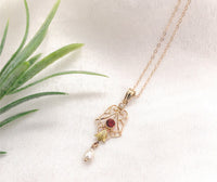 10k Yellow Gold Lavaliere with Pearl Drop and Red Glass Accent w/Chain (#J7193)
