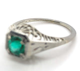 18k White Gold Filigree Art Deco .39ct Genuine Natural Emerald Ring (#J7199)