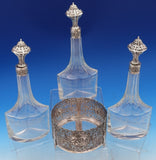830 Silver Liquor Set 3-pc silver tops and hand engraved bottles Dutch #4344-2