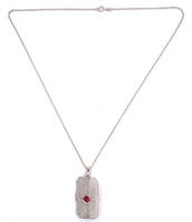14k White Gold Art Deco Genuine Natural Ruby Filigree Pin Pendant (#J5601)