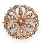 10k Yellow Gold Victorian Seed Pearl and Diamond Flower Starburst Pin (#J6254)