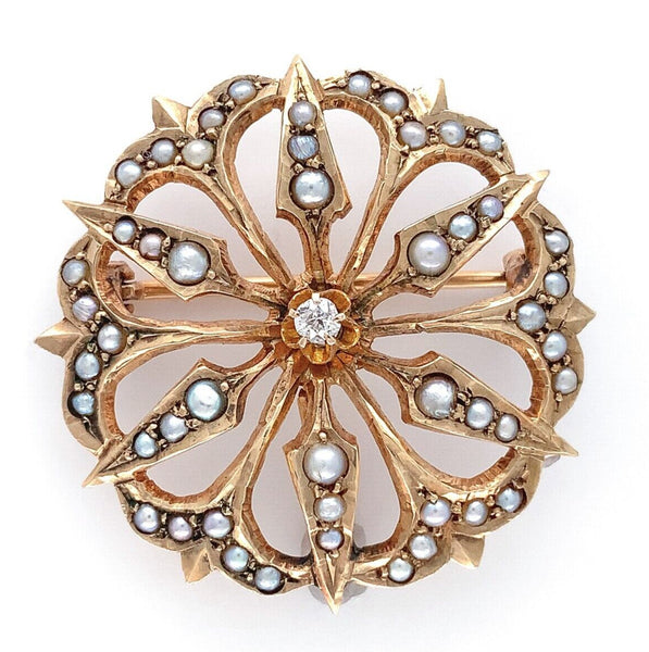 10k Yellow Gold Victorian Seed Pearl and Diamond Flower Starburst Pin (#J6254)
