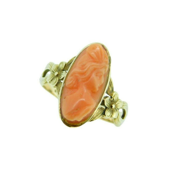 10k Gold Art Nouveau Genuine Natural Coral Cameo Ring Carved Flowers (#J4723)