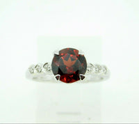 14k White Gold Round Red Genuine Natural Garnet Ring with Diamonds (#J4394)