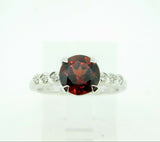 14k White Gold Round Red Genuine Natural Garnet Ring with Diamonds (#J4394)