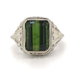 14k White Gold Art Deco 4.34ct Genuine Natural Tourmaline Filigree Ring (#J5762)