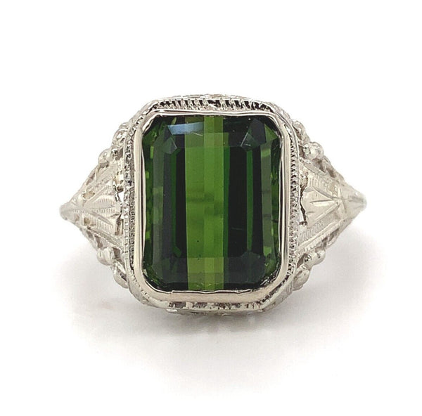 14k White Gold Art Deco 4.34ct Genuine Natural Tourmaline Filigree Ring (#J5762)