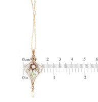 10k Gold Diamond Lavaliere Pendant w/Enamel Leaves Pearl Drop 14k Chain (#J6972)