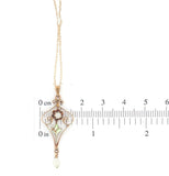 10k Gold Diamond Lavaliere Pendant w/Enamel Leaves Pearl Drop 14k Chain (#J6972)