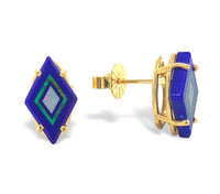 14k Gold Genuine Intarsia Stud Earrings Diamond Shaped Opals Inlaid Lapis #J6961