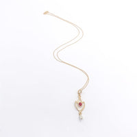 10k Gold Lavaliere with Pearl Drop and Red Glass Accent with 14k Chain (#J6678)