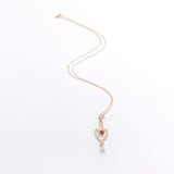 10k Gold Lavaliere with Pearl Drop and Red Glass Accent with 14k Chain (#J6678)