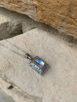 14k White Gold Rainbow Genuine Natural Moonstone Teal Sapphire Pendant (#J6260)