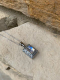 14k White Gold Rainbow Genuine Natural Moonstone Teal Sapphire Pendant (#J6260)