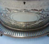 English Silverplate Biscuit Box Bead Border Claw Legs Floral Motif w/Lock #3131