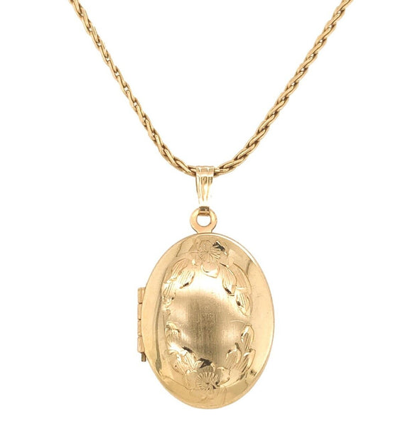 14k Yellow Gold Oval Locket with Engraved Flowers on Wheat Chain 18" (#J7183)