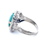 Art Deco 14k White Gold Genuine Natural Turquoise Filigree Ring (#J5216)