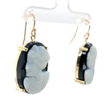 14k Yellow Gold Banded Black and White Genuine Agate Stone Cameo Earrings #J7456