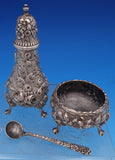 Repousse by Kirk Sterling Silver Open Salt Pepper Shaker & Spoon Set 3-pcs #8365