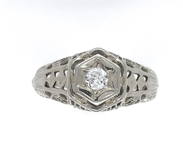 18k White Gold Filigree Ring with .08ct Genuine Natural Diamond (#J6307)