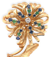 14k Gold Genuine Diamond Sapphire Emerald Flower Pin by Dan Frere (#J7040)