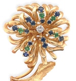 14k Gold Genuine Diamond Sapphire Emerald Flower Pin by Dan Frere (#J7040)