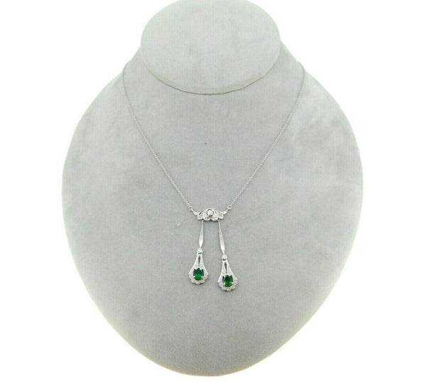 18k White Gold Fancy Drop Genuine Natural Emerald and Diamond Necklace (#J4719)