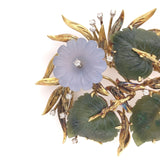 18k Yellow Gold Large Carved Chalcedony Flower and Jade Leaf Pin (#J6235)