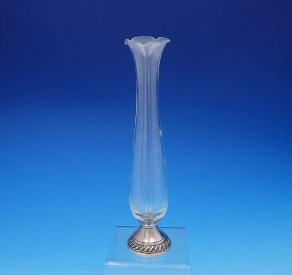Sterling Silver and Etched Glass Vase Ruffled Gadroon Border 10" Tall (#3643)