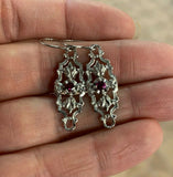 14k White Gold Genuine Natural Ruby Filigree Leaf Dangle Earrings (#J5277)