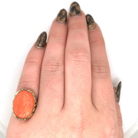 10k Yellow Gold Genuine Natural Coral Cameo Ring Arts and Crafts Leaves (#J6031)