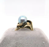 14k Yellow Gold Blue Akoya Pearl and Diamond Ring (#J5417)
