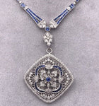 18k White Gold Genuine Natural Sapphire and Diamond Deco Style Necklace (#J4854)