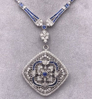 18k White Gold Genuine Natural Sapphire and Diamond Deco Style Necklace (#J4854)