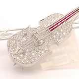 18k White Gold Genuine Natural Diamond and Ruby Violin Viola Brooch Pin (#J4846)