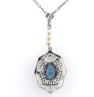 10k White Gold Filigree Art Deco Pendant with Original Paperclip Chain (#J6201)