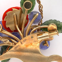 14k Gold Carved Coral and Chalcedony Flower and Jade Leaf Basket Pin (#J6237)