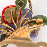 14k Gold Carved Coral and Chalcedony Flower and Jade Leaf Basket Pin (#J6237)