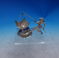 .900 Silver Tea Strainer Figural Man and Fishing Pole w/Net Hanoi Vietnam #3954