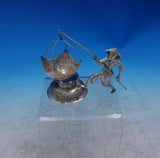 .900 Silver Tea Strainer Figural Man and Fishing Pole w/Net Hanoi Vietnam #3954