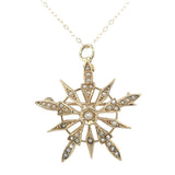 Victorian 14k Yellow Gold Starburst Brooch Pin with Seed Pearls and Chain #J6737