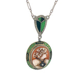 14k White Gold Deco Enamel and Diamond Genuine Natural Cameo Pendant (#J4966)